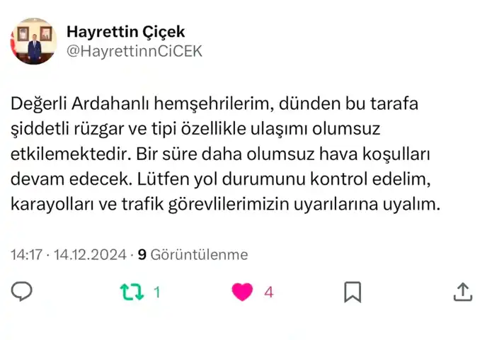 Ardahan'da Yoğun Kar ve Tipi Uyarısı!